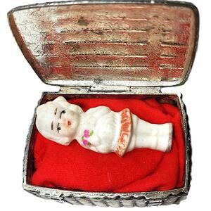 2" Vintage Frozen Charlotte (Marked Japan) in a Metal Jewel Box